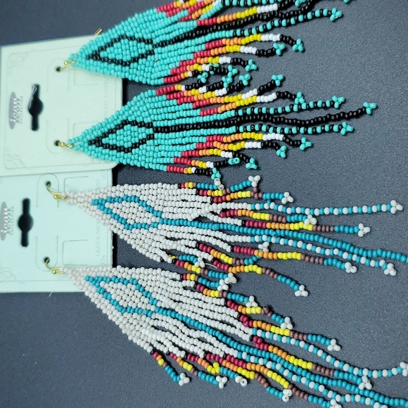 NWT Handmade Diamond Aztec Seedbead Tassel Dangle Earrings Plated 2 Choices - Picture 1 of 10